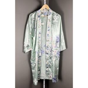 Japanese Polyester Happi Coat Floral Calligraphy Kimono Belted Made in Japan